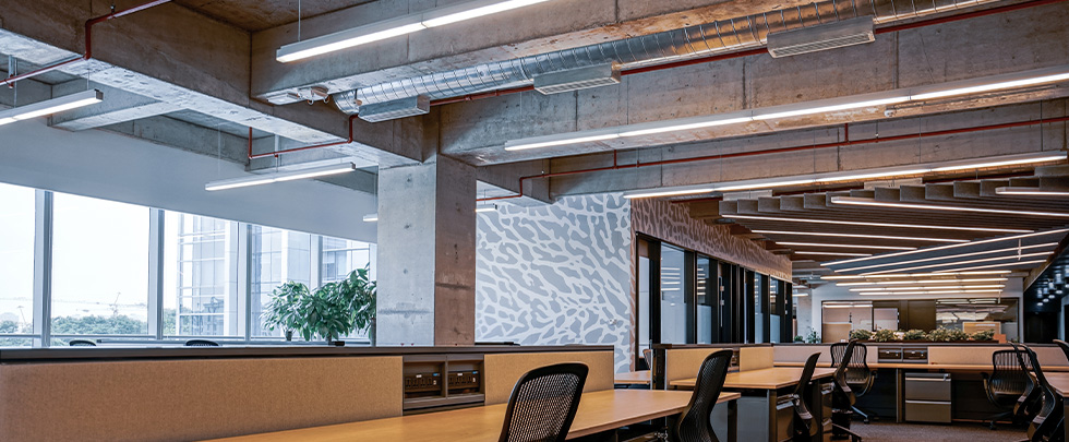 Empty modern office space with suspended LED linear lights
